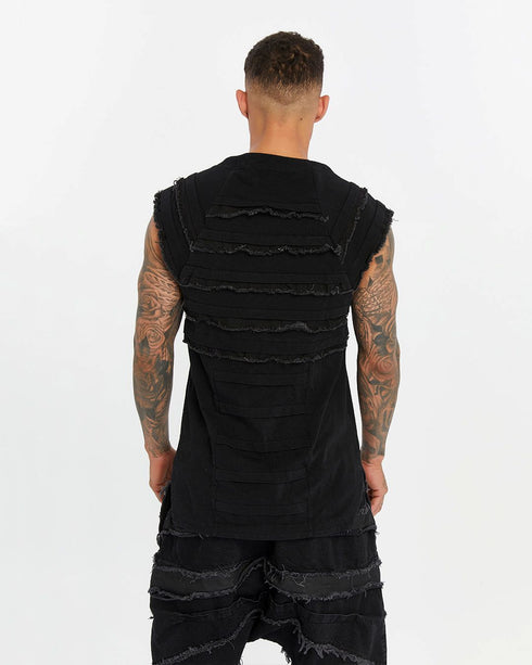 Men's Short Sleeve T-shirt in Stone Black back view with layered texture and raw edges