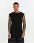 Men's Short Sleeve T-shirt in Stone Black front view with layered panel construction and raw-edge detailing
