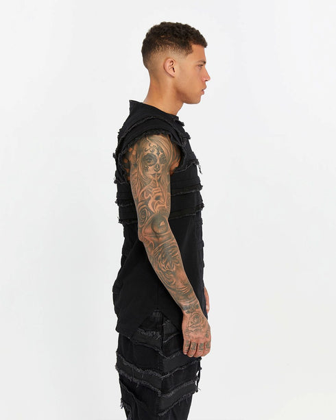 Men's Short Sleeve T-shirt in Stone Black profile view with architectural panel structure