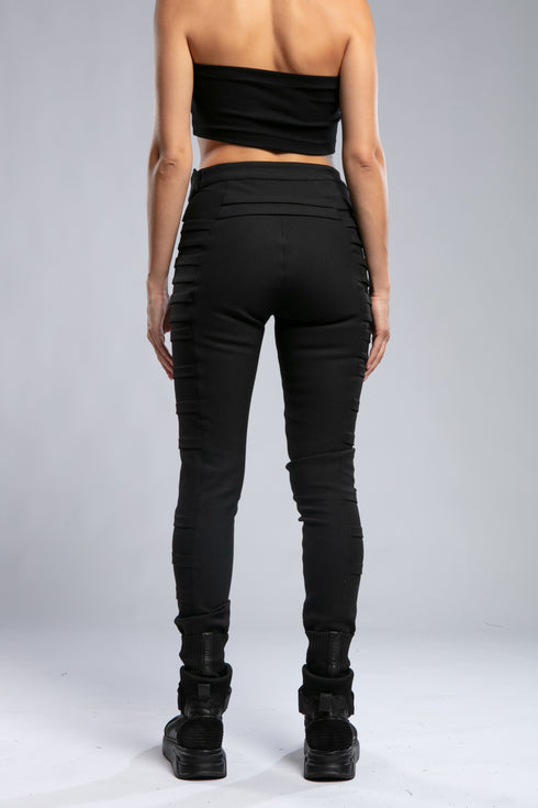 Women's Wide Ribbed Leggings in Black back view with fitted leg and ribbed panel detailing