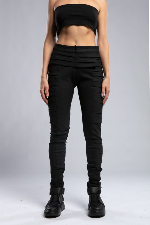 Women's Wide Ribbed Leggings in Black front view with wide ribbed waistband and fitted silhouette