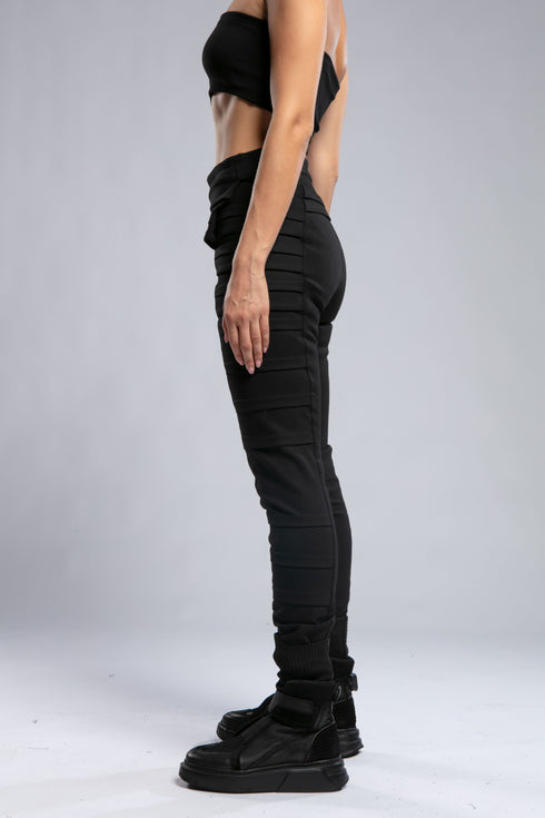 Women's Wide Ribbed Leggings in Black angled side view with sculpted fit