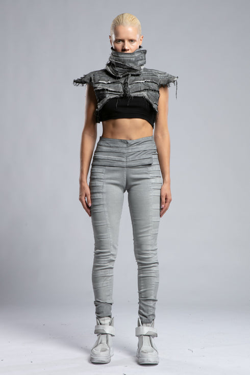 Women's Wide Ribbed Leggings in Grey back view with fitted leg and ribbed panel detailing