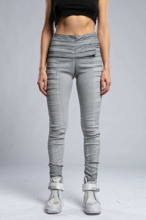 Women's Wide Ribbed Leggings in Grey front view with wide ribbed waistband and fitted silhouette