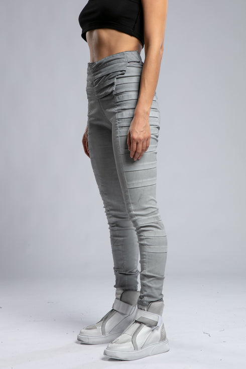 Women's Wide Ribbed Leggings in Grey side view showing ribbed side panels