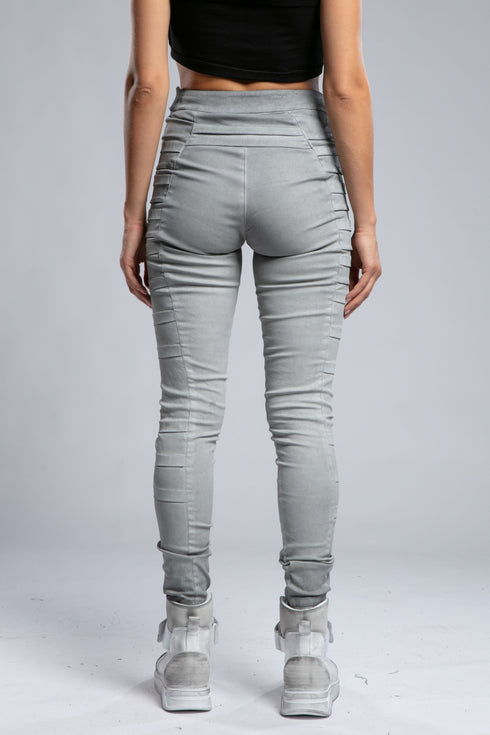 Women's Wide Ribbed Leggings in Grey angled side view with sculpted fit