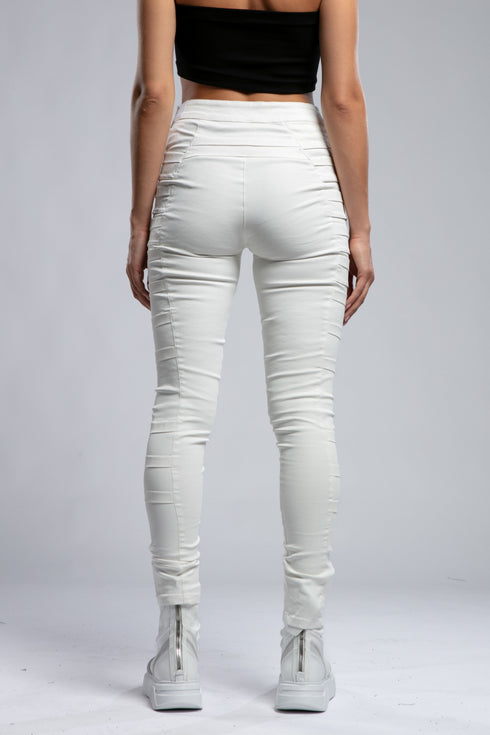 Women's Wide Ribbed Leggings in White back view with fitted leg and ribbed panel detailing