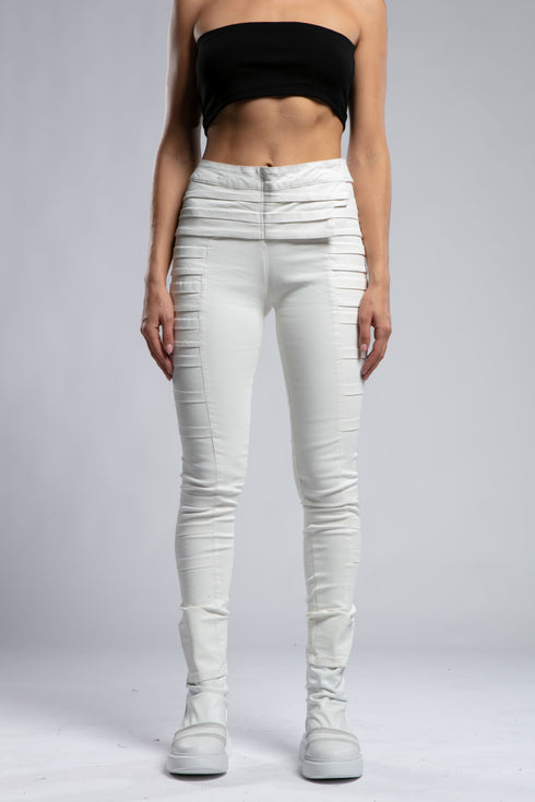 Women's Wide Ribbed Leggings in White front view with wide ribbed waistband and fitted silhouette