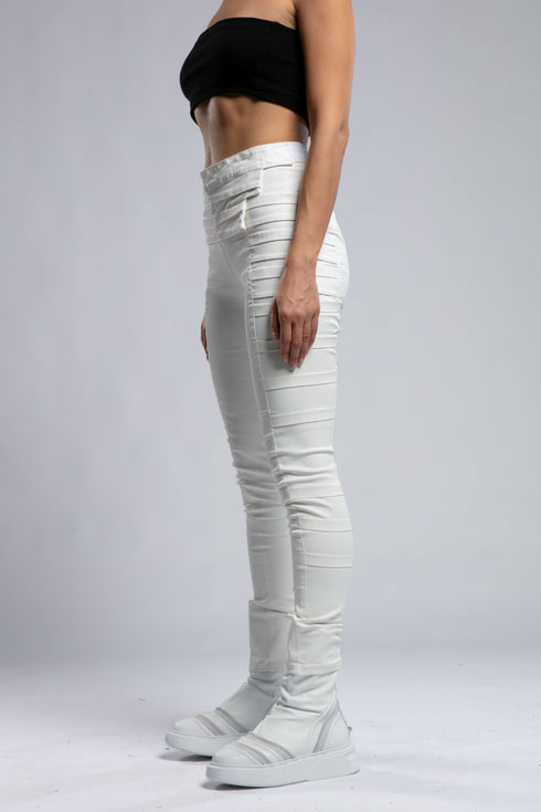 Women's Wide Ribbed Leggings in White side view showing ribbed side panels